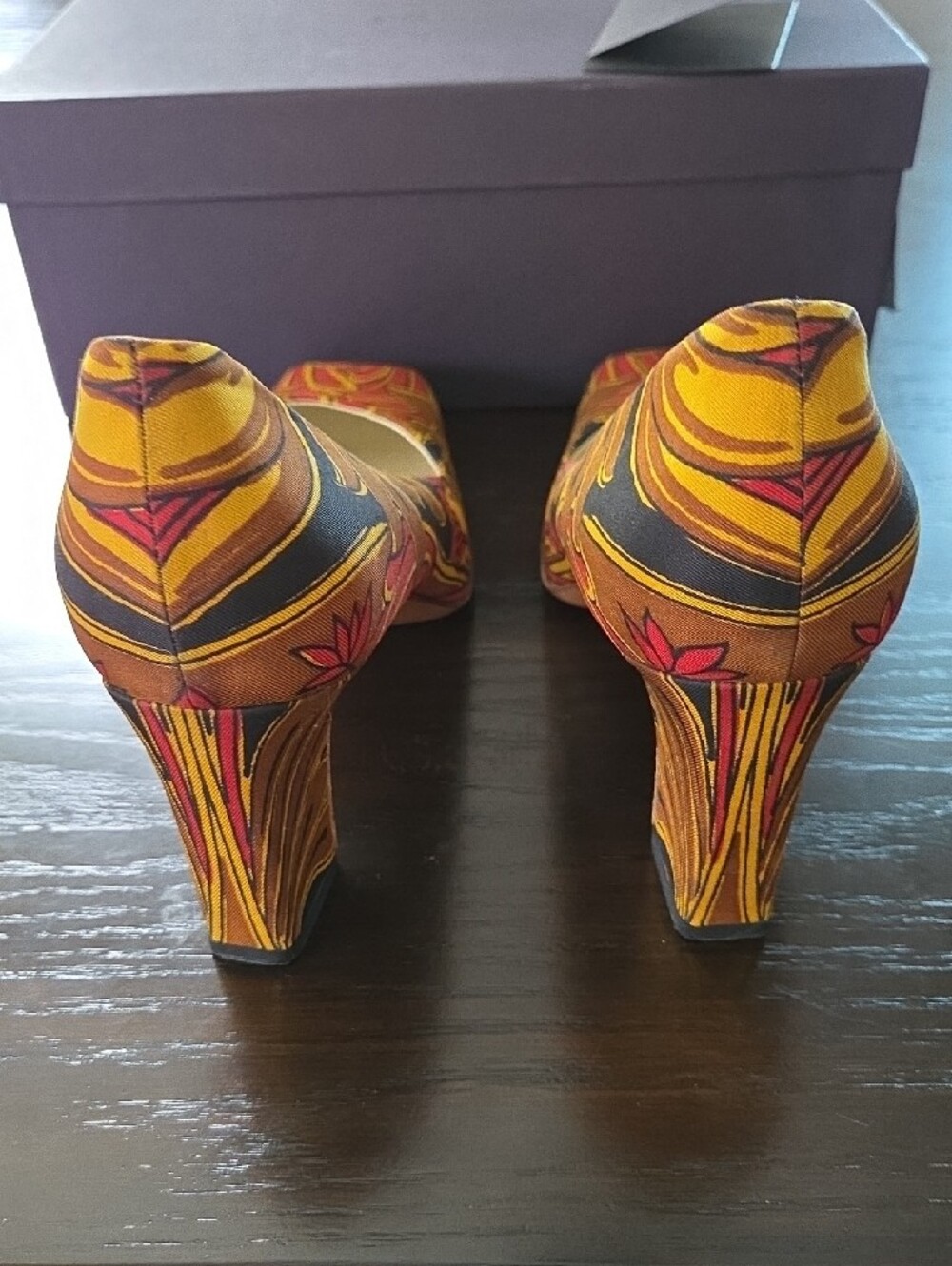 Prada Multicolor Floral Block Heel Pumps - Red, Brown, Gold - Picture 3 of 8